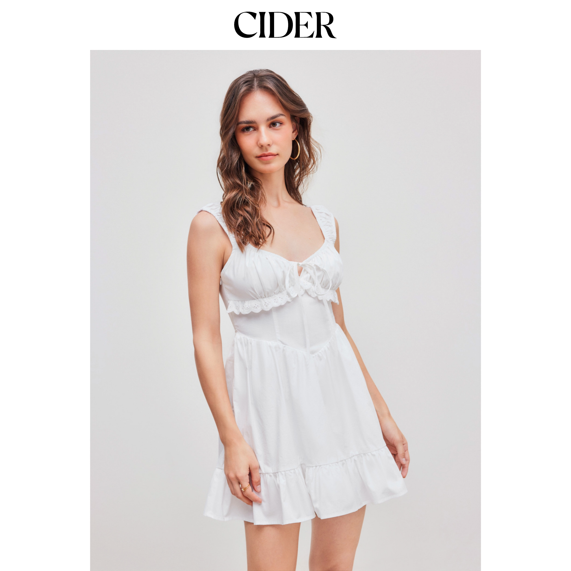 【明星同款】CIDER心形纯色荷叶边系带束身迷你连衣裙109035329