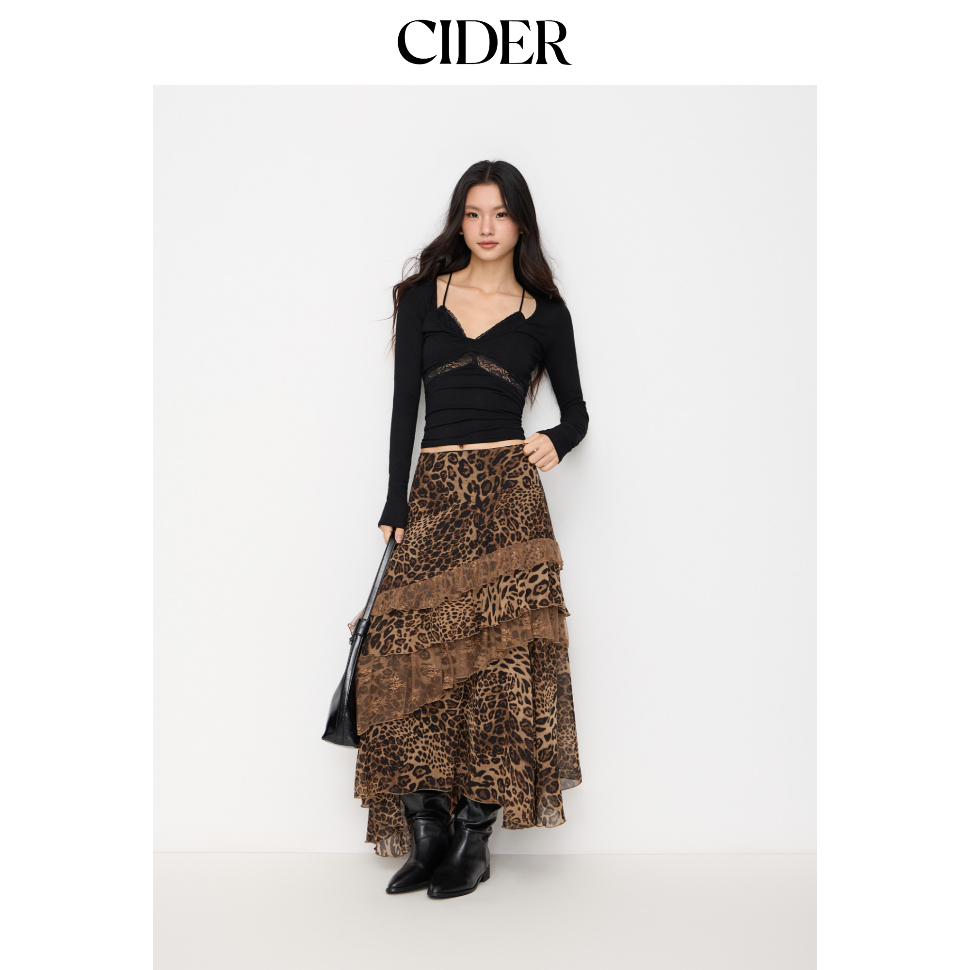 CIDER都市游牧风美式长裙女装豹纹中低腰不规则半身裙11496