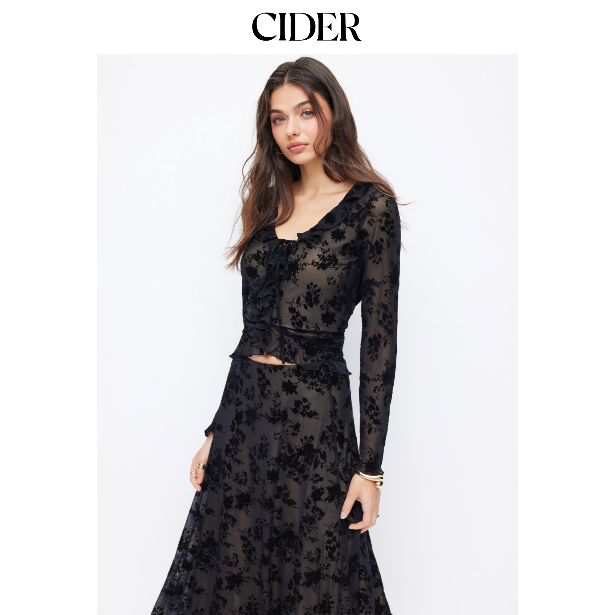 CIDER优雅风网纱V领碎花系带上衣配中腰长半身裙套装114901577图片