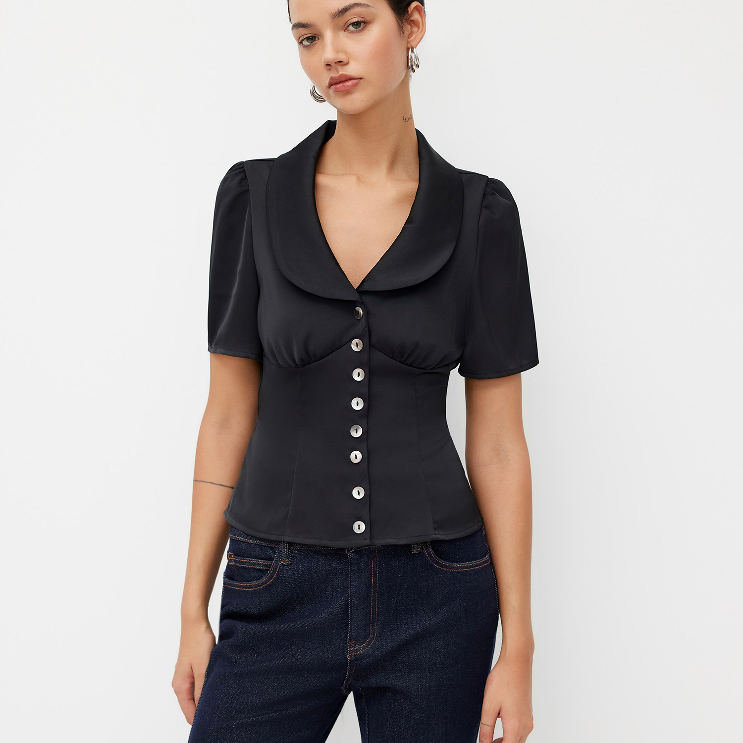 CIDER 缎面质感翻领衬衫女修身显瘦短袖上衣114721208