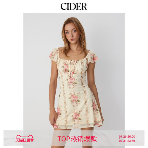 CIDER2026夏季新品碎花方领荷叶袖系带A字迷你连衣裙115368087