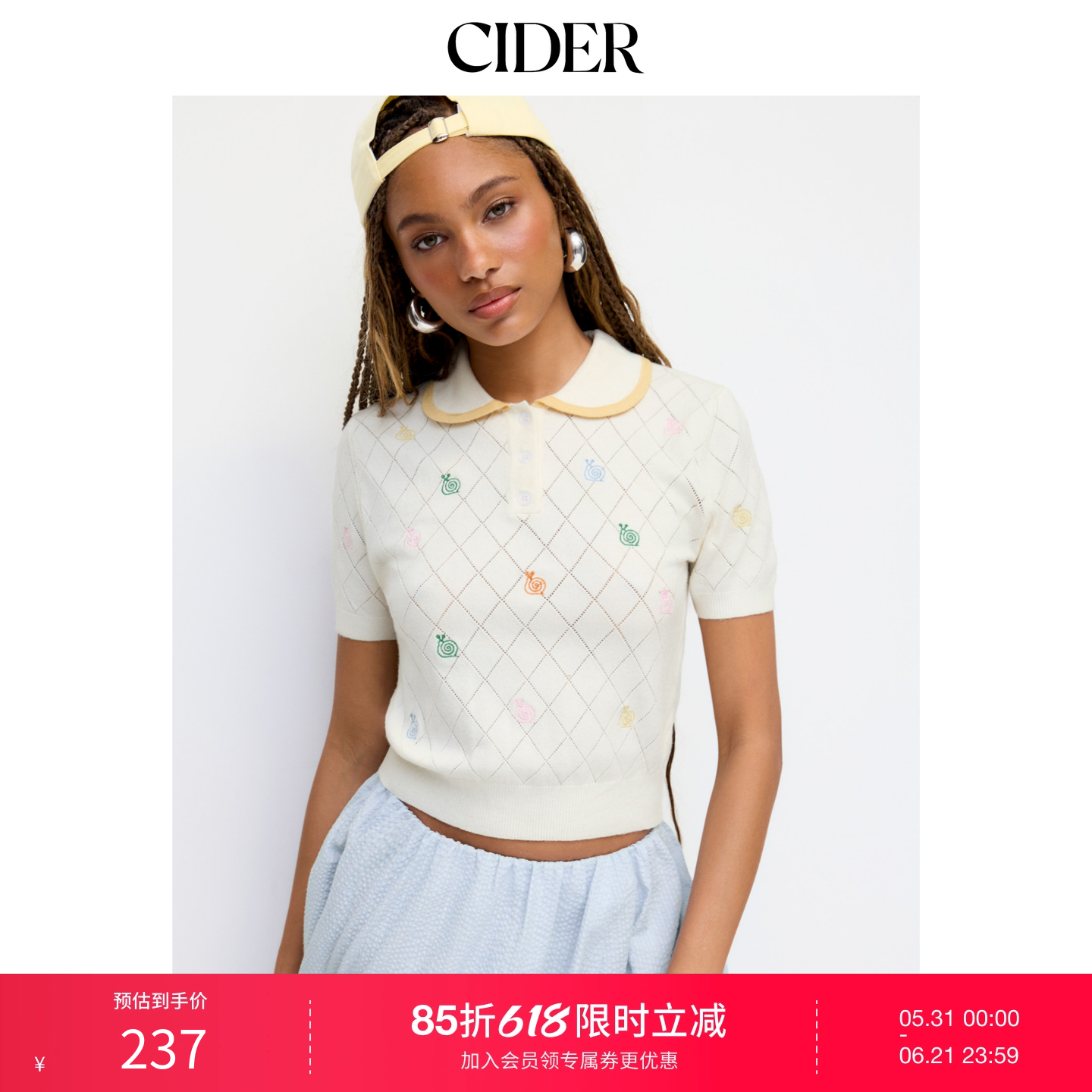 CIDER娃娃领针织彼得潘翻领蜗牛刺绣镂空上衣女装114777549