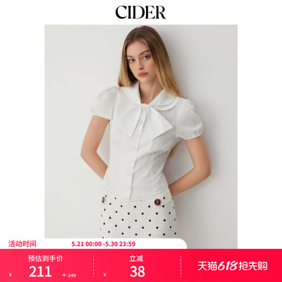 CIDER棉质彼得潘翻领泡泡袖蝴蝶结蕾丝镶边上衣115412624