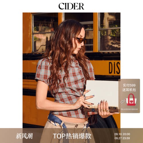 美式复古格纹短袖衬衫女