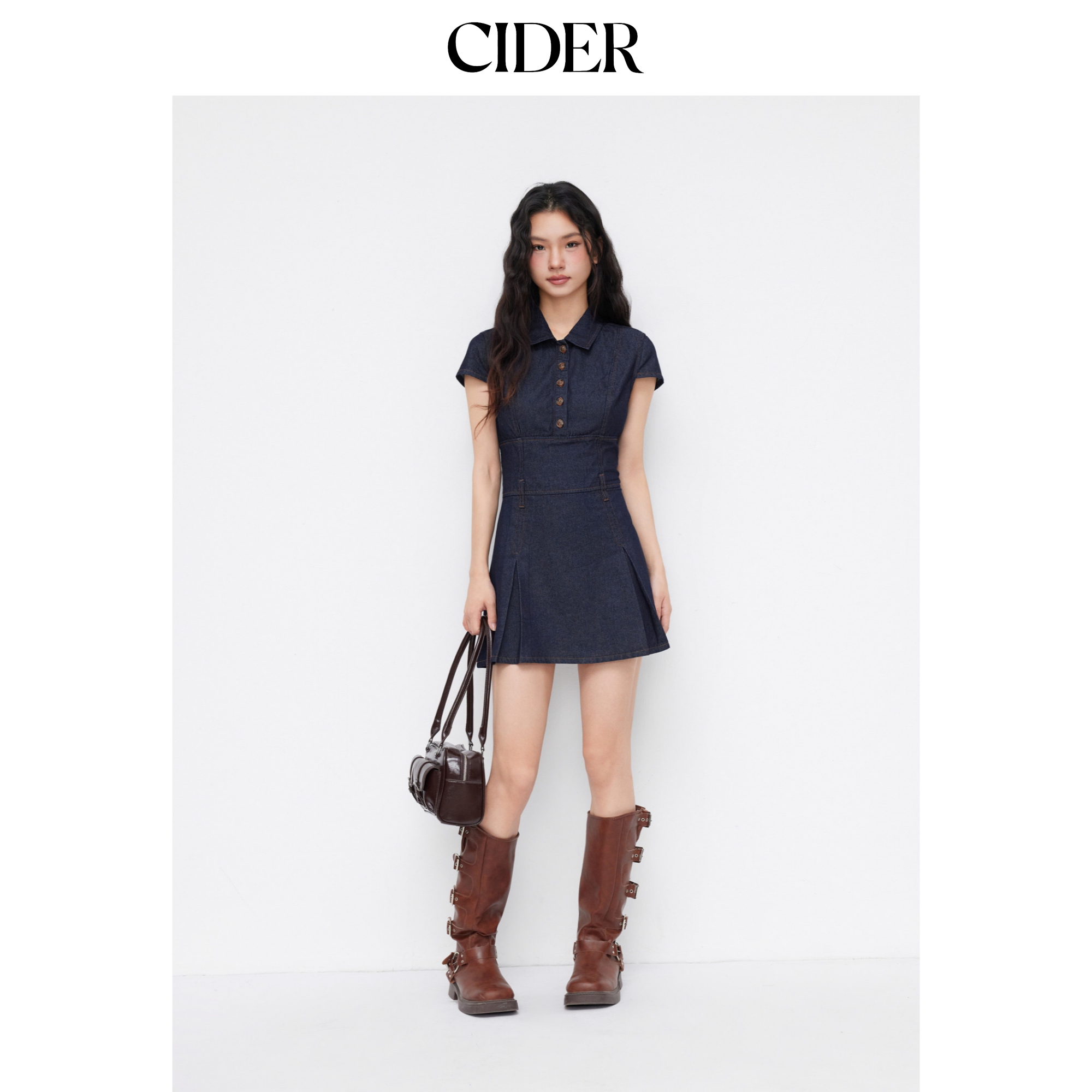 CIDER牛仔翻领裙子收腰设计纽扣设计连衣裙女114733524图片