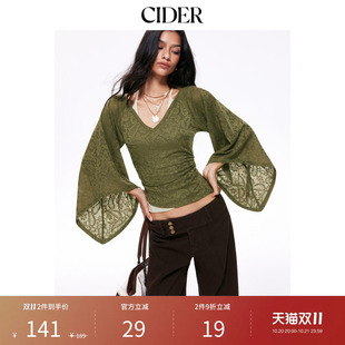 CIDER2026秋季新品肌理腰果花V领喇叭袖褶皱上衣115820420