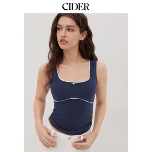 CIDER正品 棉撞色镶边U领抽褶背心114344623 明星同款
