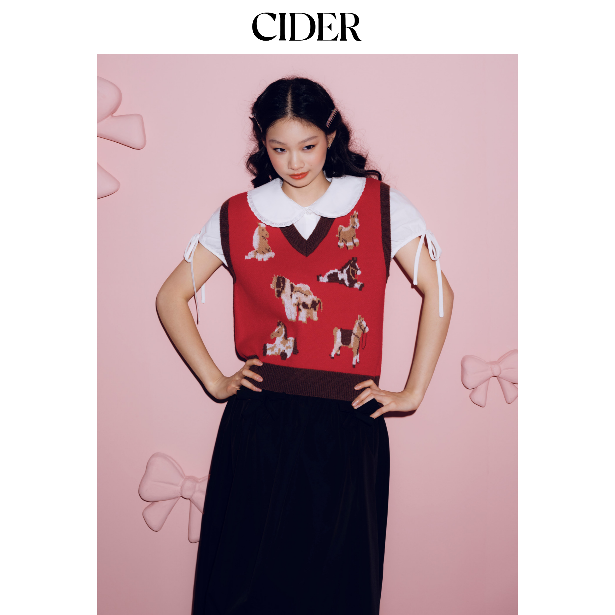 CIDER新年穿搭针织马印花V领撞色镶边短款背心红色毛衣1151