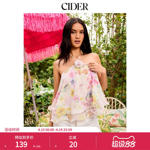 CIDER2026春季新品碎花挂脖贴布荷叶边雪纺短款上衣115280669