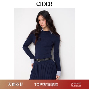 CIDERmiu系学院风针织翻领假两件束腰百褶连衣裙附腰带114959219
