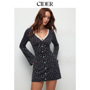 CIDER肌理碎花V领喇叭袖蕾丝边前襟纽扣A字迷你连衣裙115624927