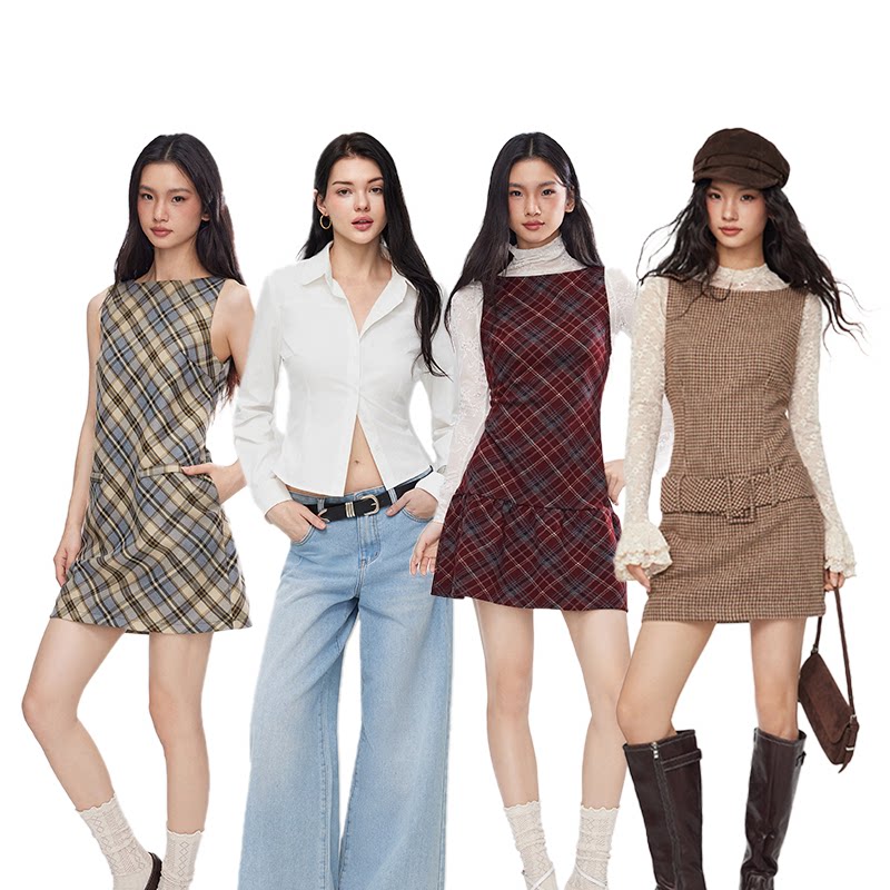 【所有女生的CIDER】明星同款卡其色/格纹连衣裙/酒红短裙/白衬衫