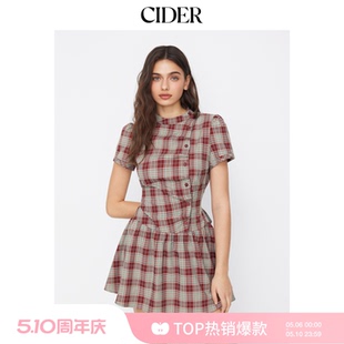 CIDER美式 系带迷你连衣裙114992258 格纹翻领泡泡袖