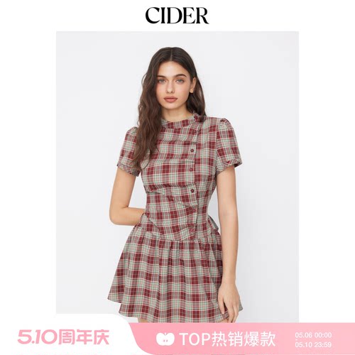 CIDER美式格纹翻领泡泡袖系带迷你连衣裙114992258
