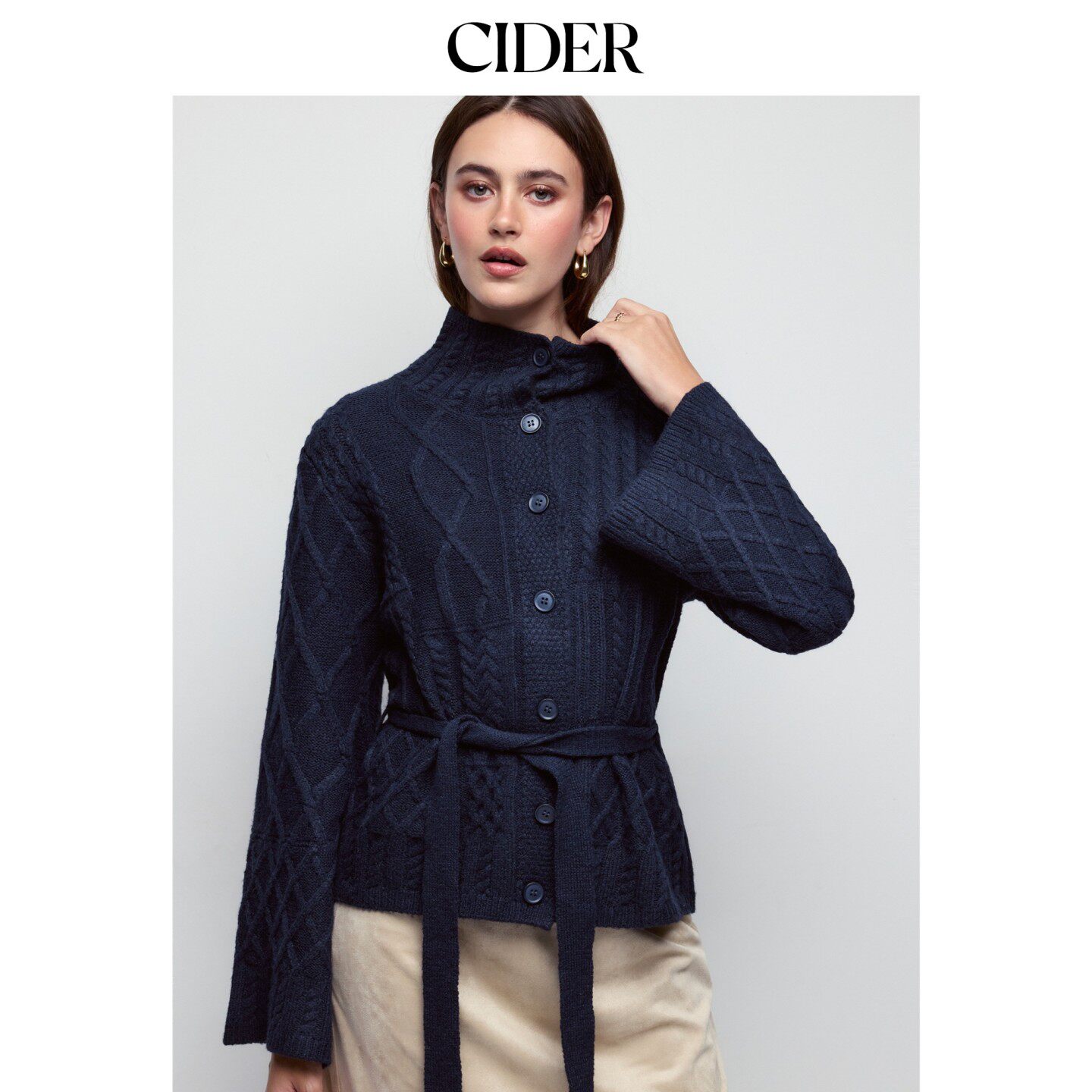 CIDER2026秋季新品麻花针织高领喇叭袖宽松开衫配腰带115822377