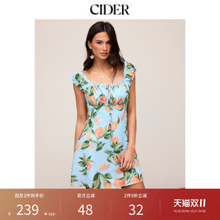 CIDER2026早秋穿搭水果印花抽褶系带方领A字迷你连衣裙115395414