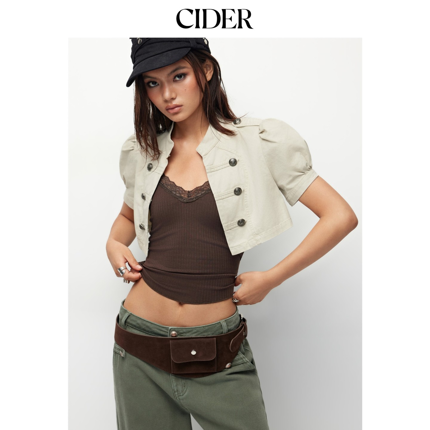 CIDER2026秋季新品立领纯色短袖拿破仑短上衣衬衫外套115615701图片
