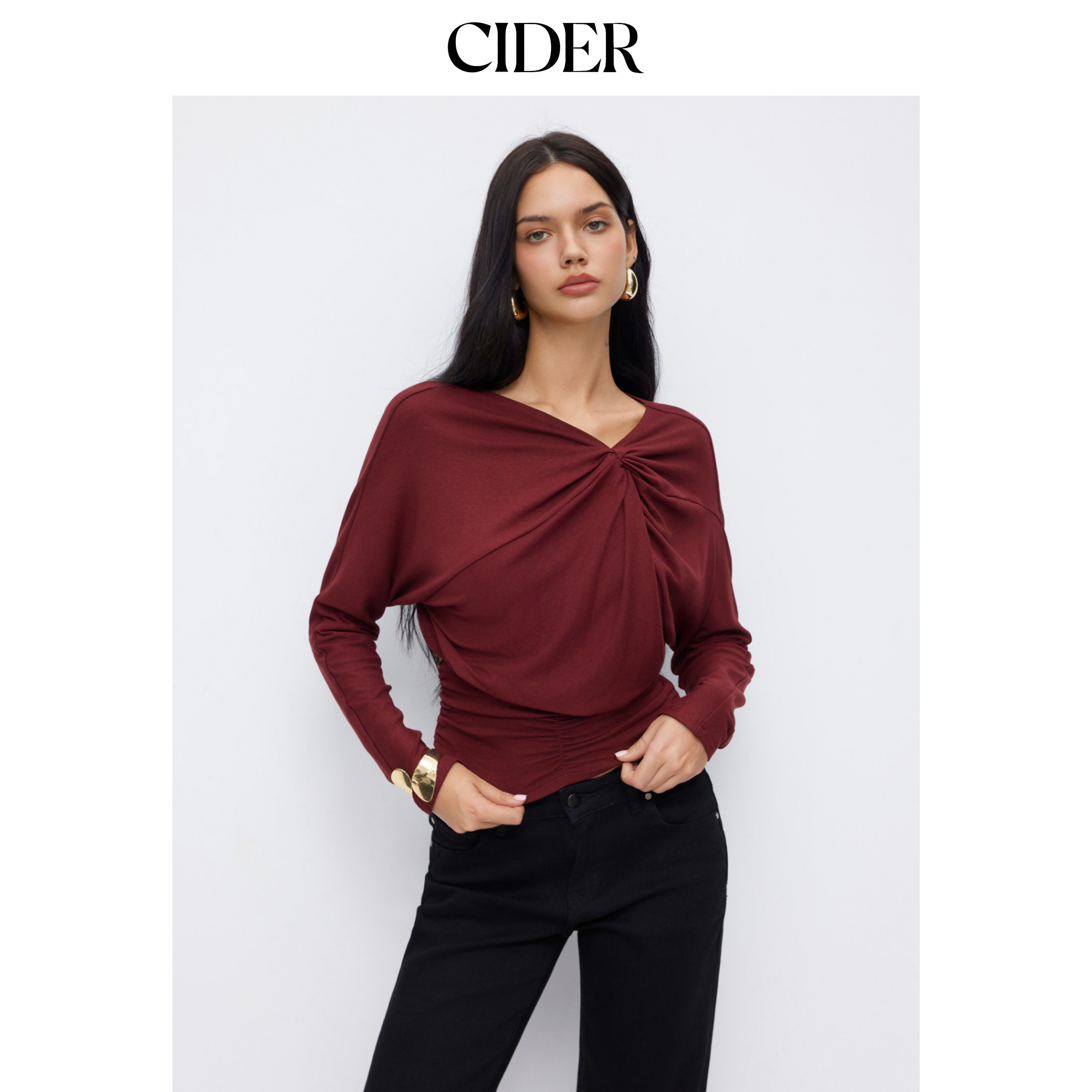 CIDER不对称领口收腰褶皱长袖上衣115037508,女装/女士精品,毛针织衫,淘宝优惠券,粉丝福利购,淘宝优惠卷