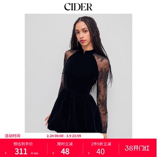 CIDER丝绒翻领蕾丝泡泡裙摆迷你连衣裙114110936