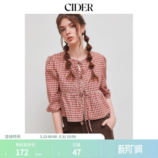 女装 棉格纹系带圆领衬衫 CIDER正品 113930818 明星同款