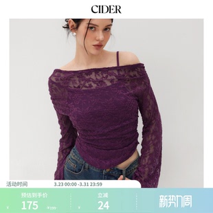 CIDER蕾丝不对称领碎花弧形摆长袖 114124130 上衣女装