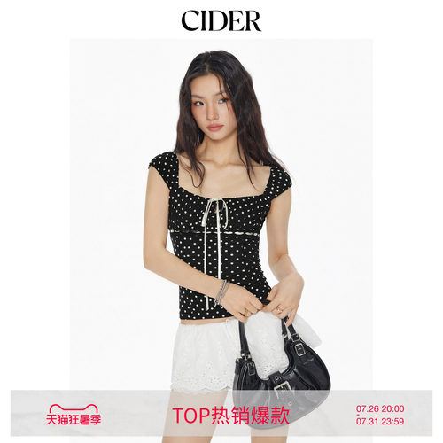 CIDER方领波点系带短袖短款T恤