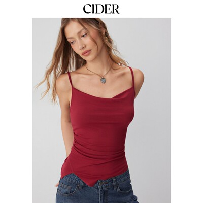 CIDER2026春季新品荡领褶皱不对称下摆吊带短款上衣115335166