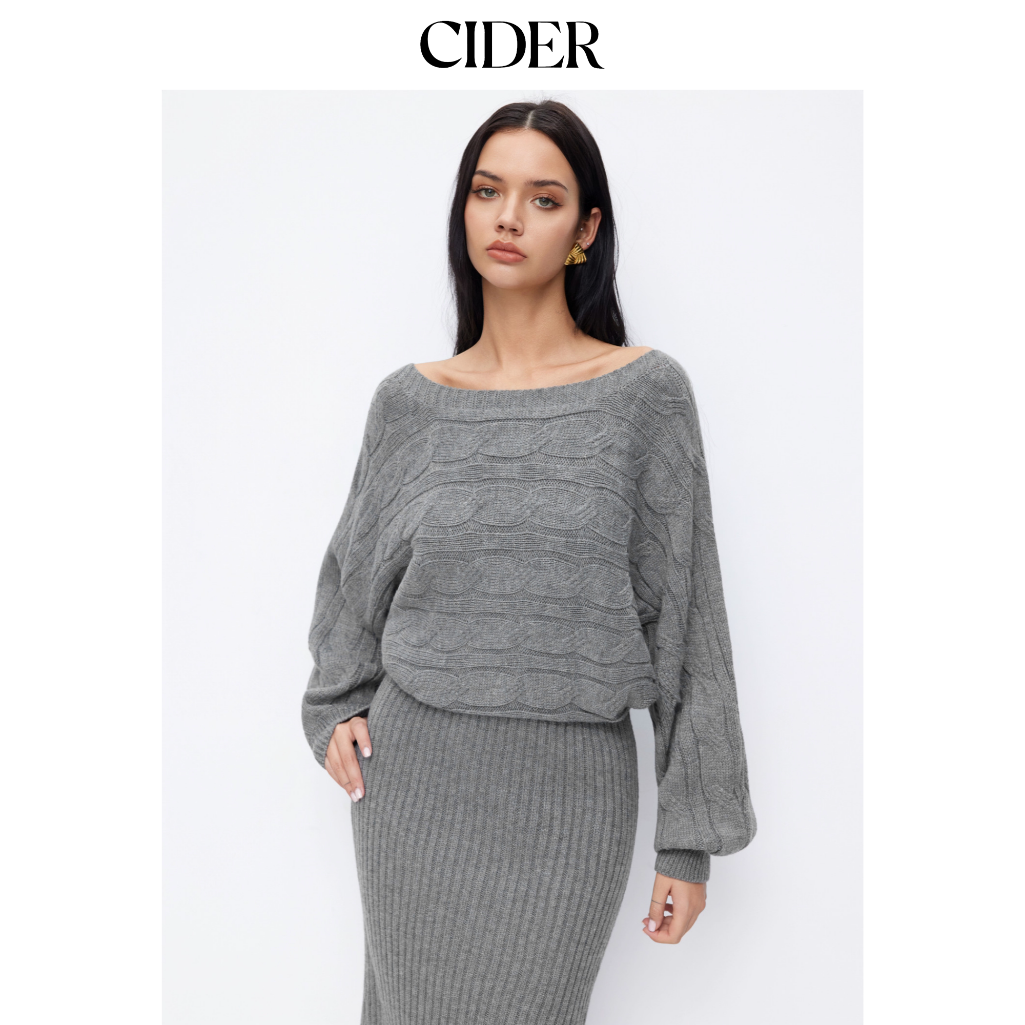 CIDER优雅风麻花针织露肩蝙蝠袖开衩中长铅笔裙114986595