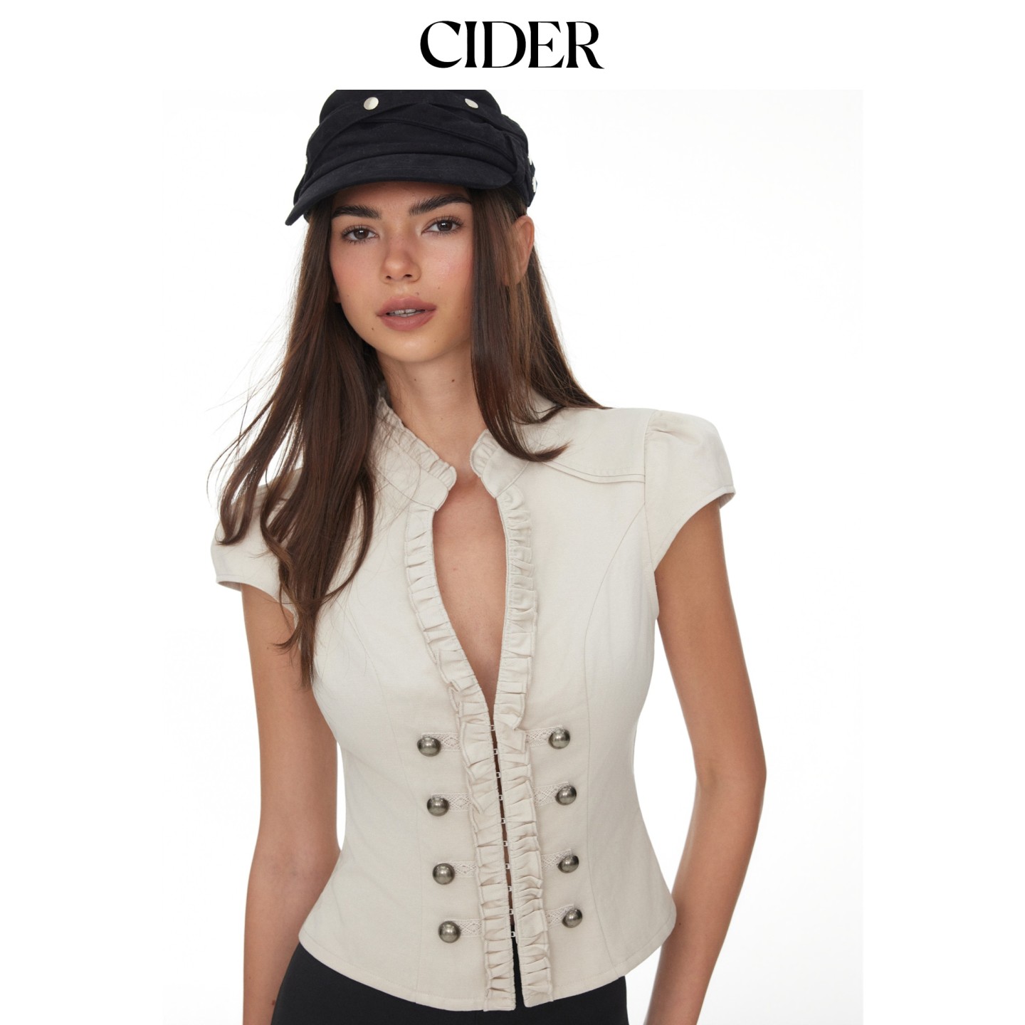 【明星同款】CIDER拿破仑立领泡泡袖荷叶边双排扣上衣115486727图片