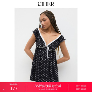 CIDER2026春季新品波点蕾丝边蝴蝶结V领迷你连衣裙114360094