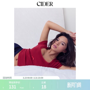 CIDER棉质混纺U领领荷叶边短袖 红色T恤114300481 甜美风短款