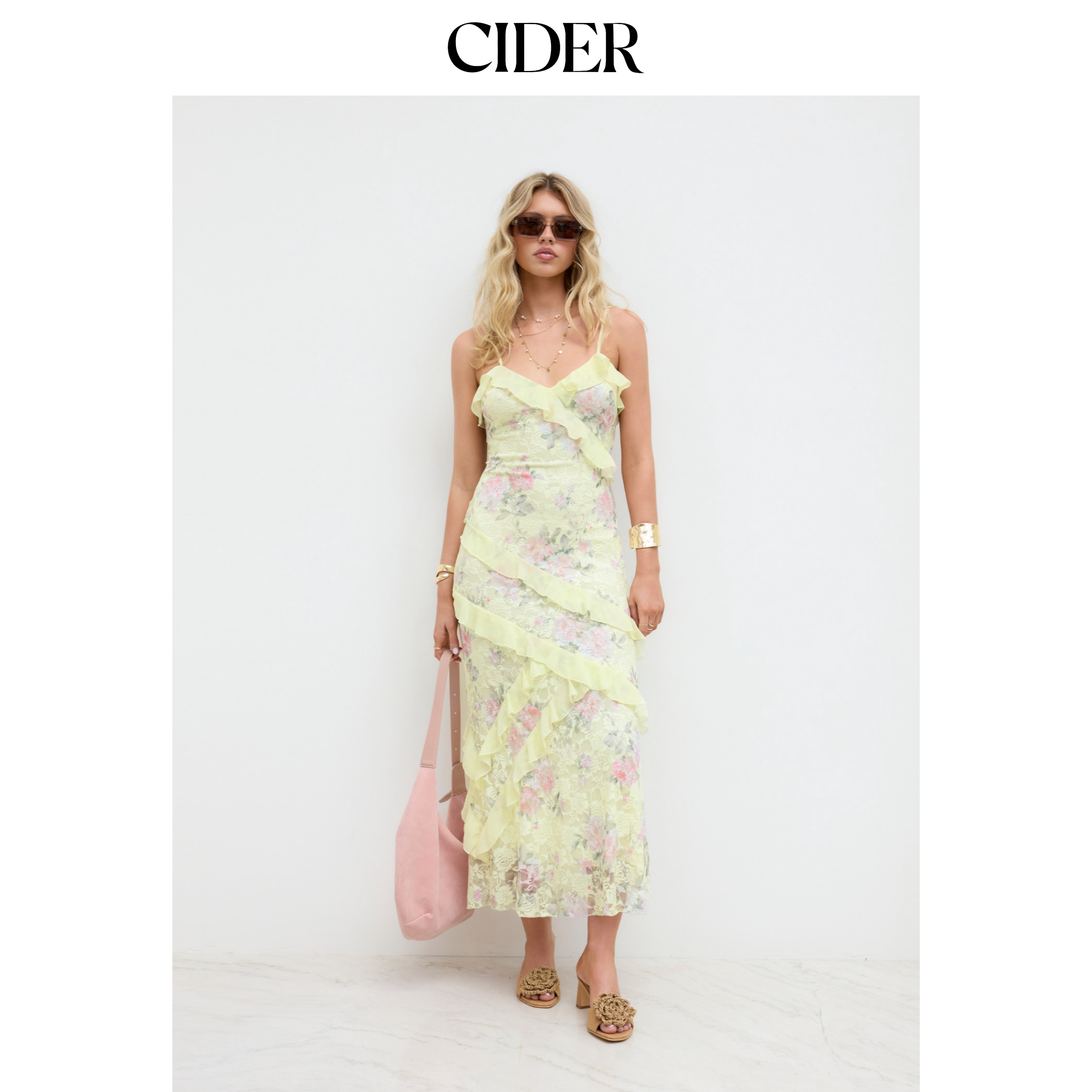 CIDER夏季新品女装蕾丝V领碎花褶边长连衣裙114502361