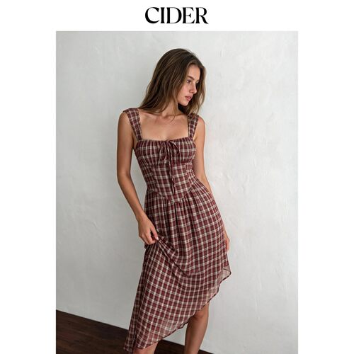 CIDER雪纺格纹方领系带不对称A字中长连衣裙115728335