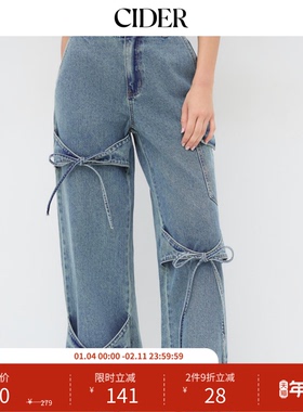 【明星同款】CIDER 蝴蝶结显瘦阔腿低腰牛仔裤女装110376211