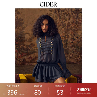 CIDER拿破仑雪纺翻领褶边袖金属装饰层叠迷你连衣裙115596161