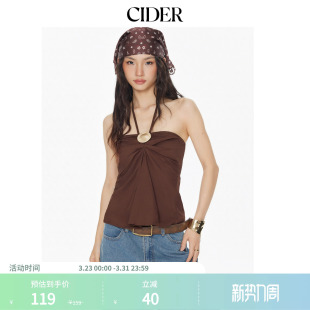CIDER棉挂脖吊带背心抽褶设计感金属饰上衣女114619009