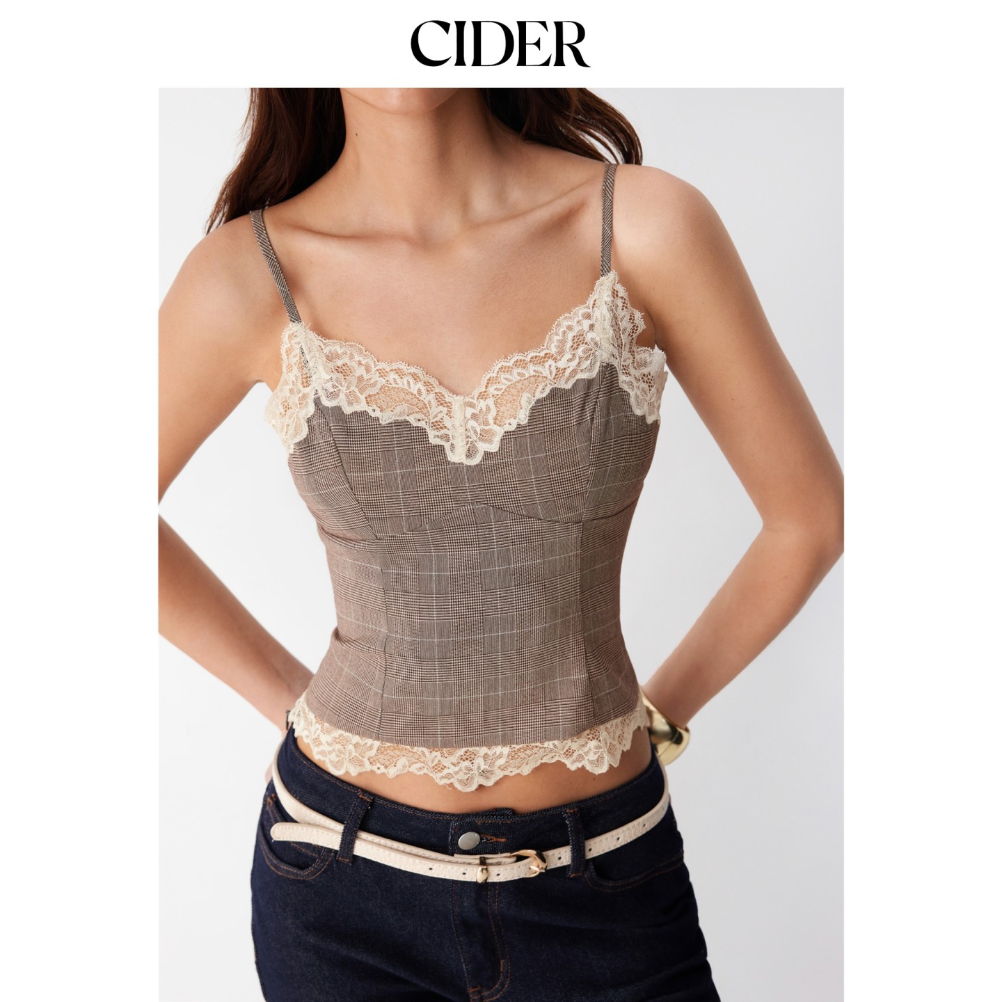 CIDER2026秋季新品格纹心形领蕾丝镶边修身吊带衫115571292图片