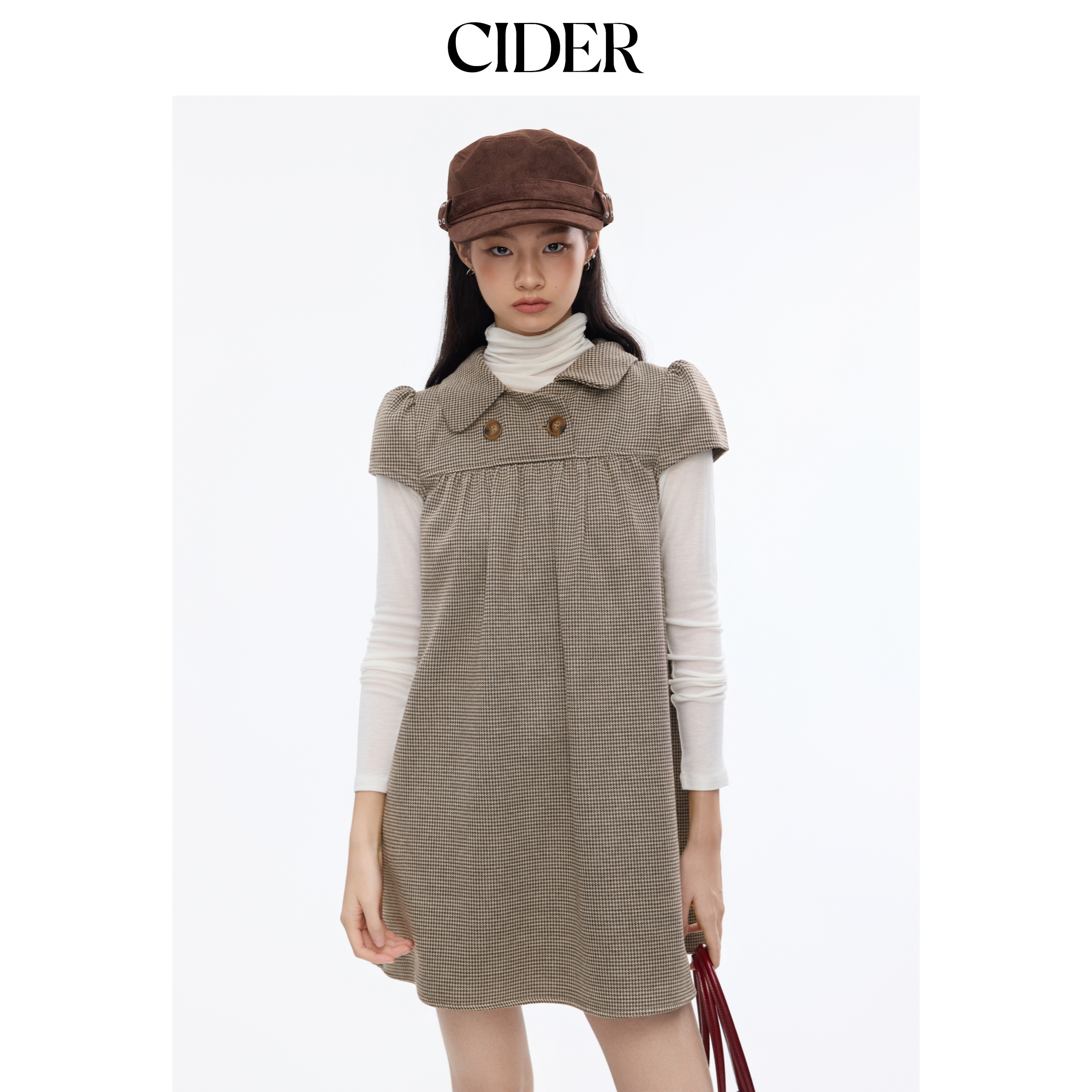 CIDER彼得潘翻领美式复古格子纽扣迷你短袖针织连衣裙11496