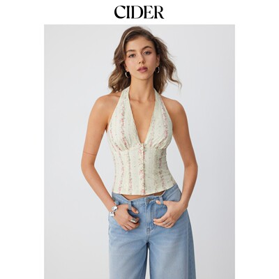 CIDER2026夏季新品碎花印花挂脖蕾丝镶边抽褶吊带衫115400012