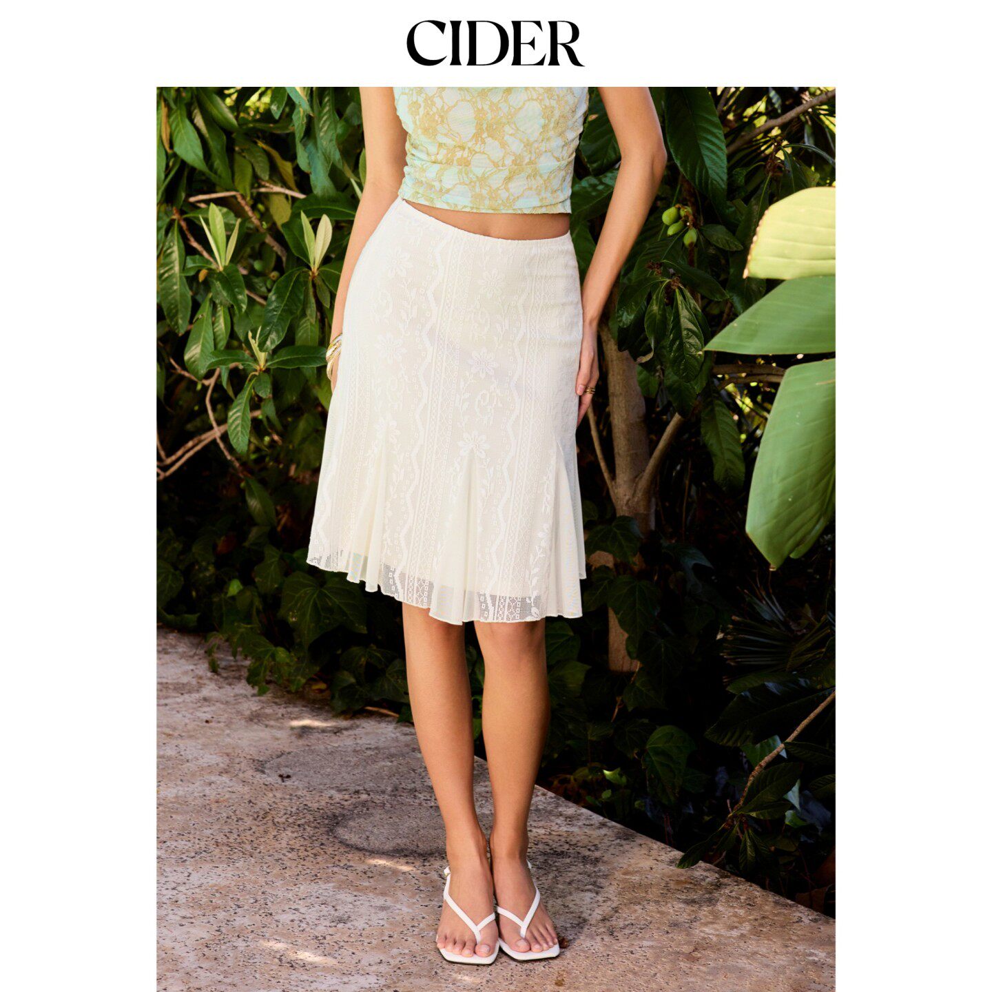 CIDER2026春季新品棉质混纺蕾丝碎花中长半身裙115280318