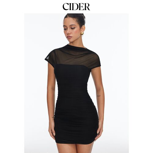 CIDER2026秋季新品网眼船领褶皱紧身迷你连衣裙115720594