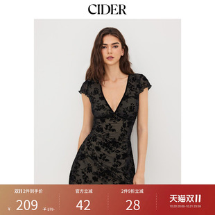 CIDER秋季新品网纱V领碎花蝴蝶结迷你连衣裙114355287