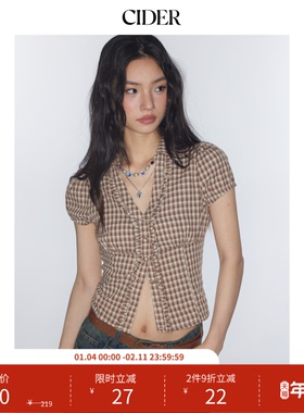 【明星同款】CIDER V领格子纹收腰拼接小蛮腰学院风短袖衬衫11388