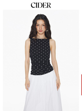 CIDER棉质荡领系带波点设计感褶皱背心上衣114533113
