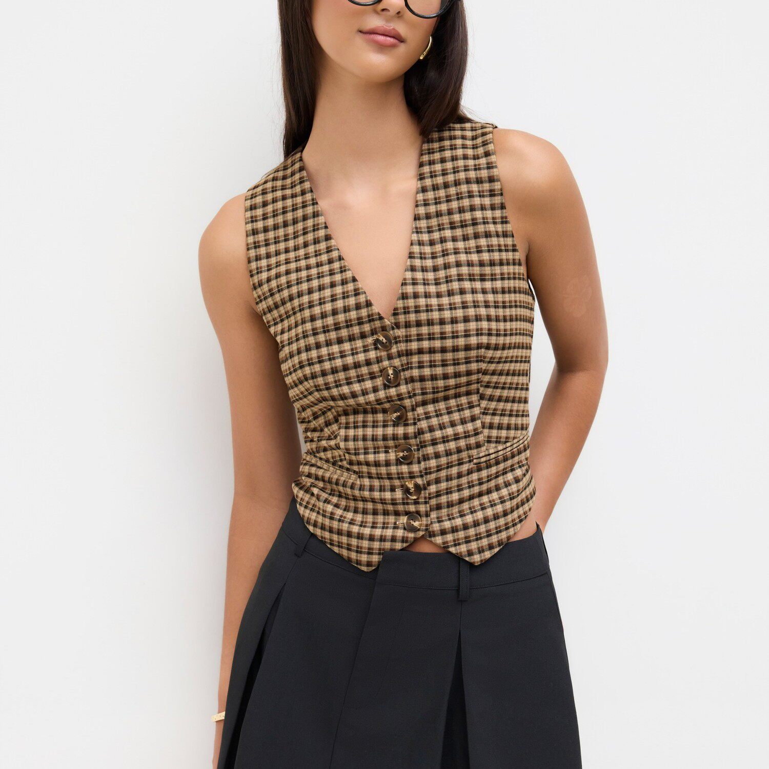 CIDER 新款小马夹背心V领格子纽扣无袖西装马甲1147288