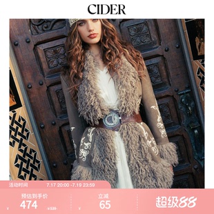 CIDER 秋冬女装印花仿皮草镶边翻领天鹅绒外套114927806