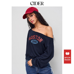CIDER 春秋女装新款波士顿1990印花不对称领宽松卫衣