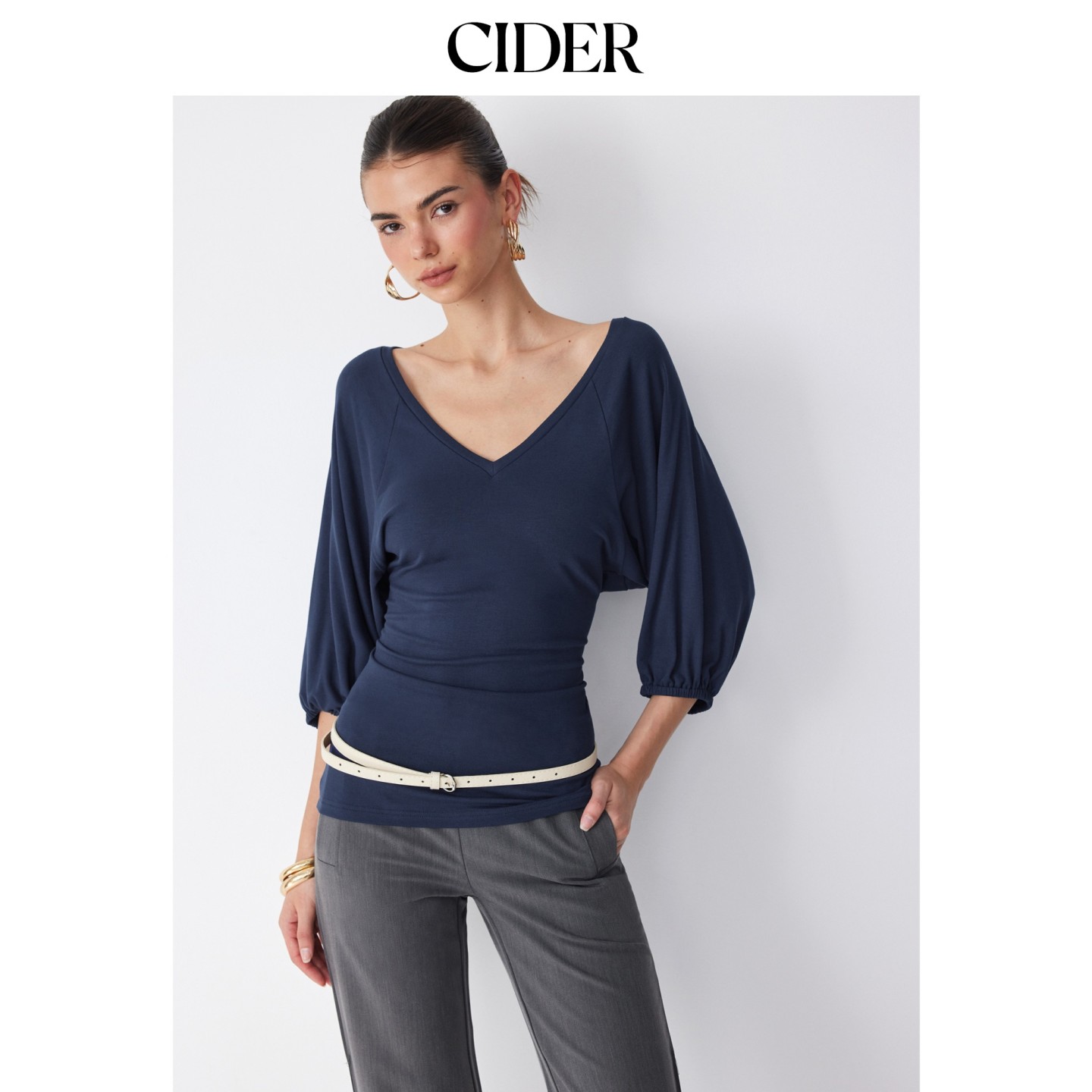 CIDER2026秋季新品V领泡泡袖长款上衣115645000图片
