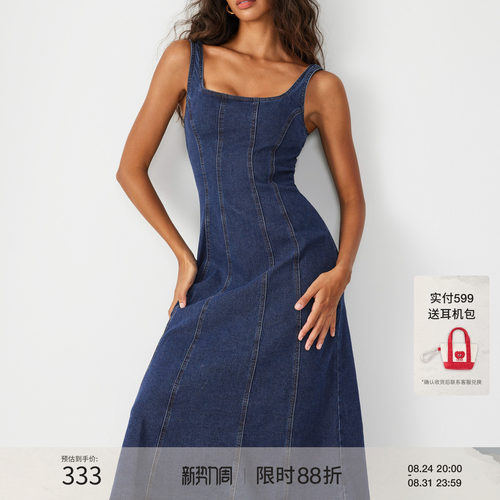 CIDER春秋新品女装牛仔荷叶边吊带长连衣裙1052525