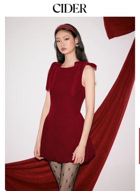 【明星同款】CIDER新年穿搭丝绒蝴蝶结泡泡连衣裙女装114792793